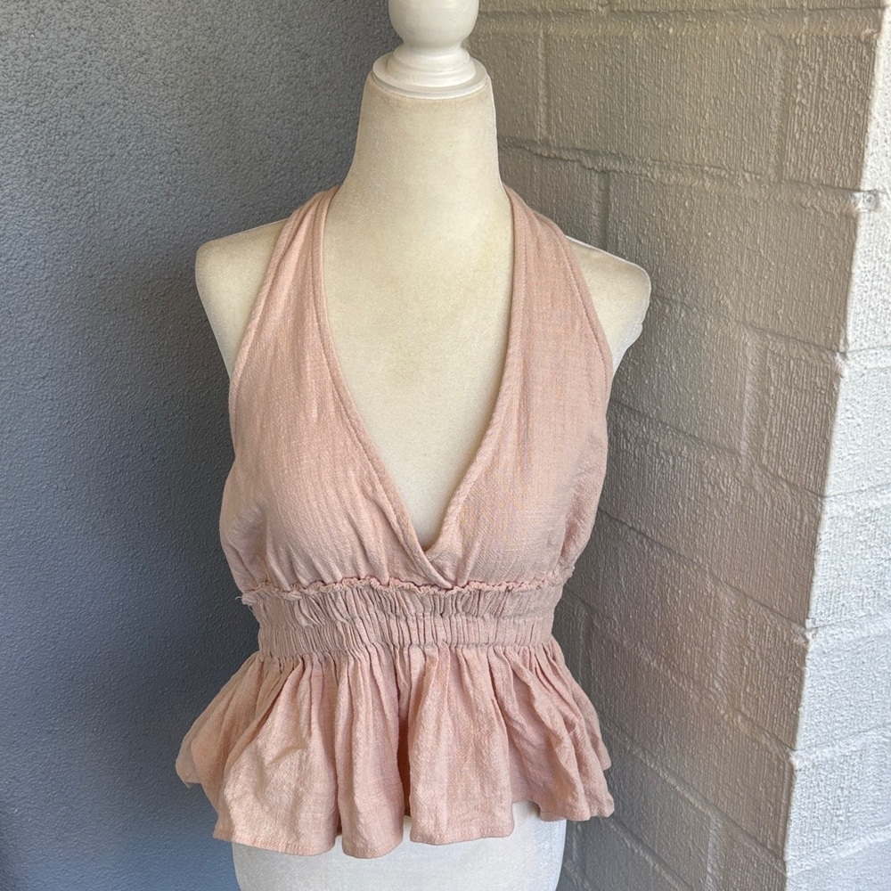 Ocean Drive Smocked Waist Halter Peplum Pink Ruffled Hem Top sz M